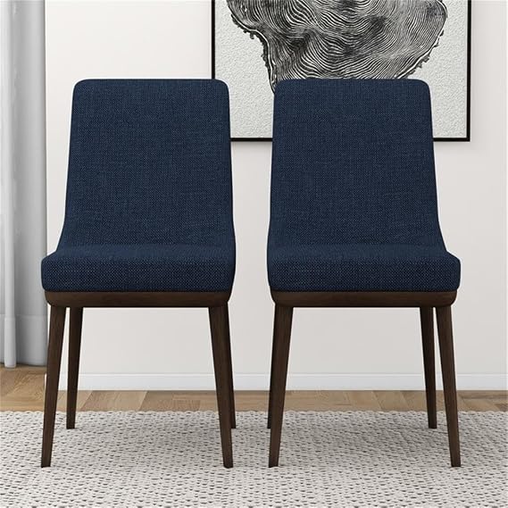 ASHCROFT Mid Century Modern Grayson Blue Upholstered Fabric Kitchen and Dining Chairs with Walnut Finish(Set of 2)
