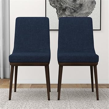 ASHCROFT Mid Century Modern Grayson Blue Upholstered Fabric Kitchen and Dining Chairs with Walnut Finish(Set of 2)