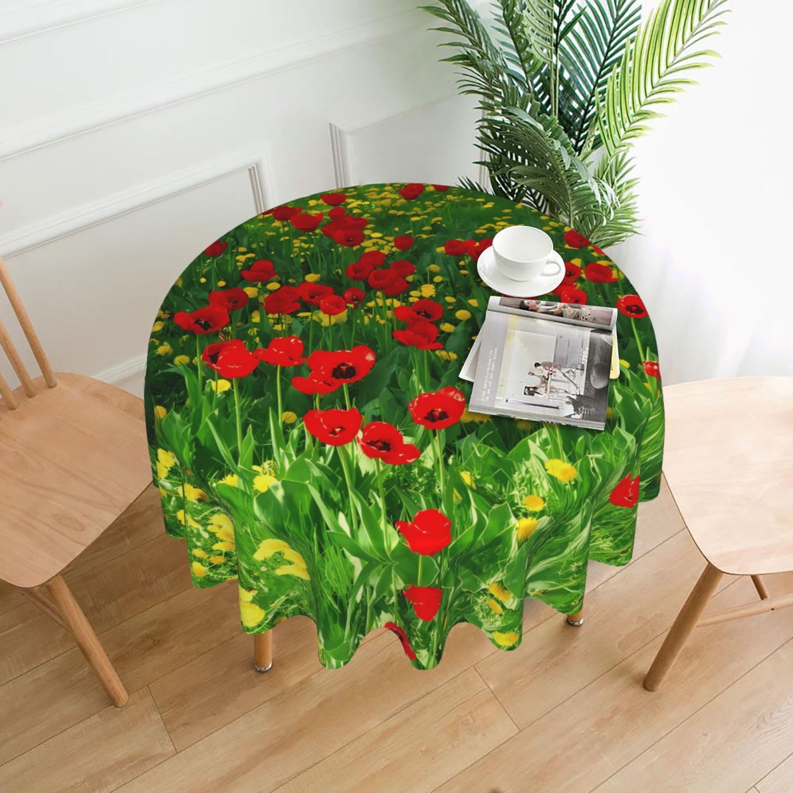WHJSSF Red Poppy Field Farm Meadow Landscape Prints Round Decorative Table Throw 60 Inch – Waterproof Table Cover for Dining, Coffee Tables, and Outdoor Events
