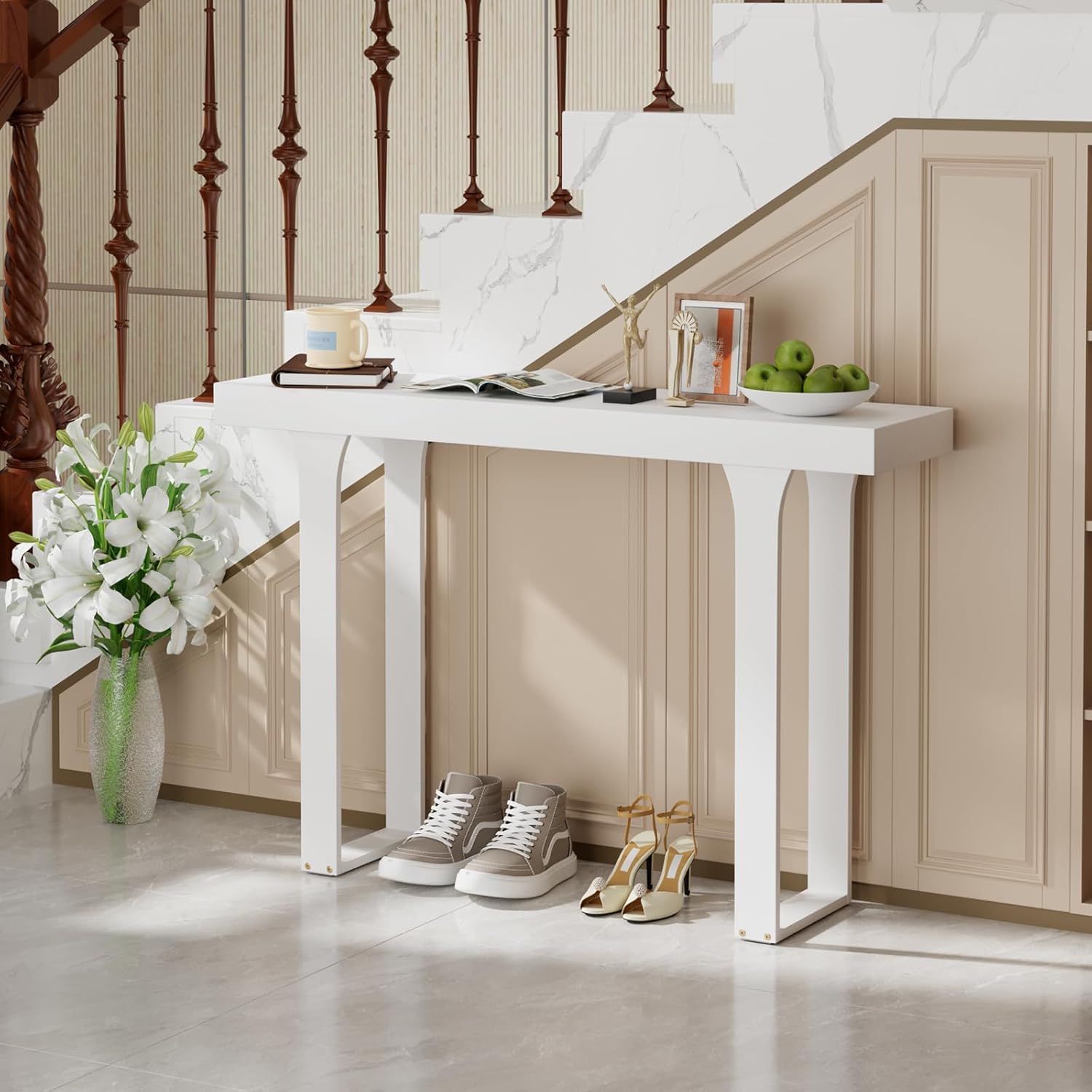 Bamboo 47.2" Narrow Console Table, Farmhouse Side Table, Wood Entryway Table, Modern Sofa Table Behind Couch with Storage Shelves for Entrance, Living Room, Hallway, Foyer (White) - Image 5