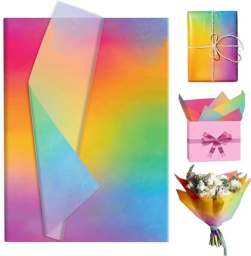 50 hojas de papel de seda degradado arcoíris, papel de regalo de 14 x 20 pulgadas a granel para ramo de flores, papeles de embalaje de dulces,