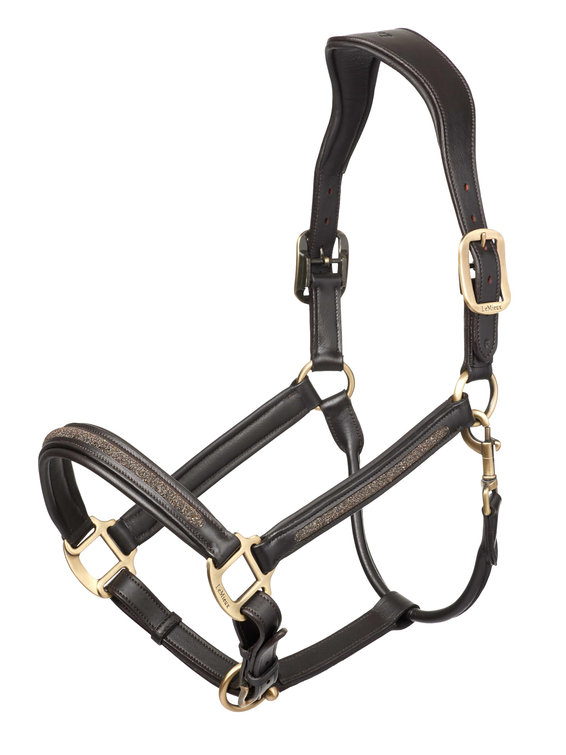 LeMieux Cabestro de cuero con cristal – Cuello de cabeza anatómica – Diadema acolchada y muserola – Marrón – Cob