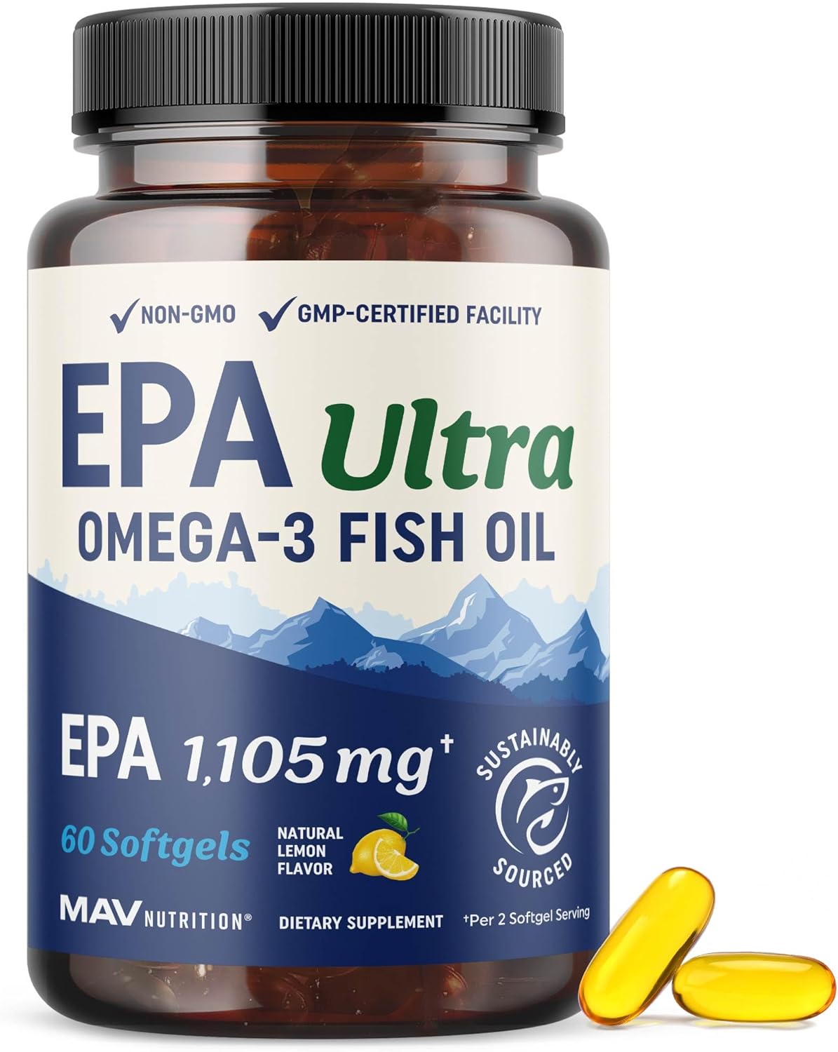 EPA Ultra 1,105MG | Heart Health & Cellular Function Support | Omega 3 Fish Oil | 1,650MG Total Omega-3 Fatty Acids | High Strength EPA Supplement | Sustainably Sourced & Gluten-Free | 60 Ct.