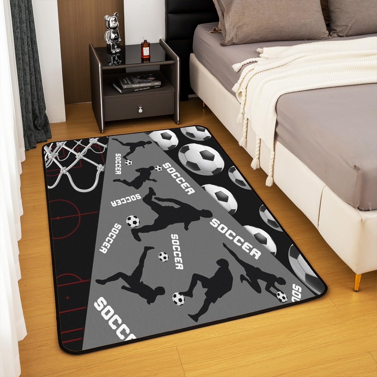 Soccer Area Rug for Kids Boys Teens,Grey and Black American Soccer Carpet 5x7,Gift for Soccer Player Area Rugs,Sports Ball Game Court Net Indoor Floor Mat Home Room Decor