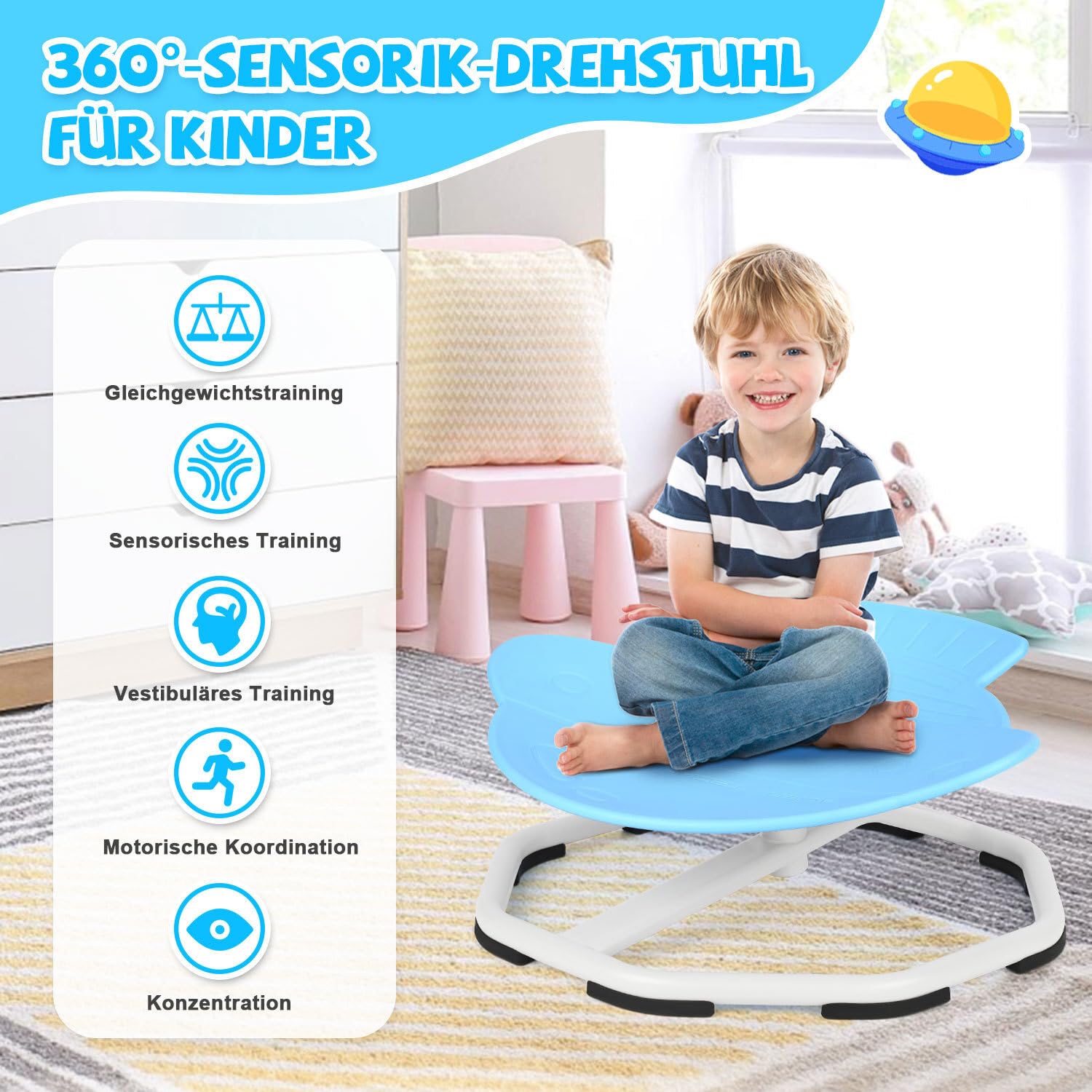 Sensoryczne krzesło obrotowe dla dzieci z autyzmem/ADHD, krzesło karuzela 360°, zabawka treningowa, koordynacja i równowaga, sensoryczne krzesło dla chłopców i dziewczynek, niebieskie dysk