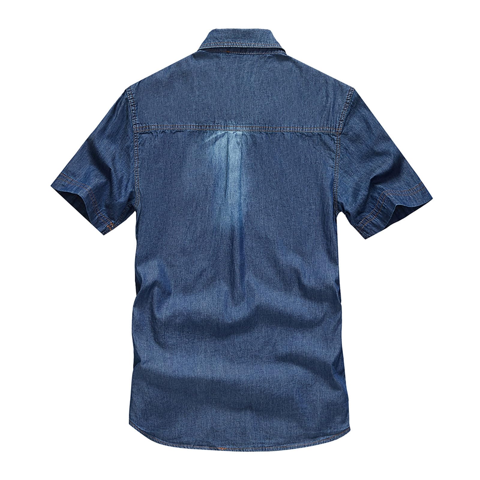 Chemise en jean à manches courtes pour homme - Chemise d'été en denim - Manches courtes - Boutons-pression - Bleu clair - Gris foncé - Coupe droite - Look usé - Coupe ajustée - Chemise de