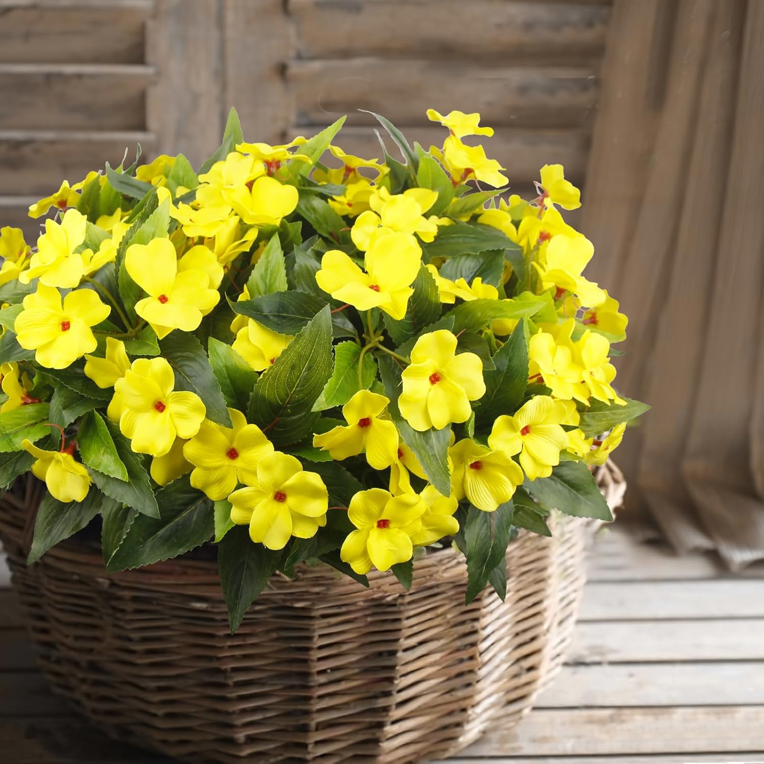 8 Pcs Artificial Impatiens Flowers for Outdoors Faux Impatiens Bushes Yellow Silk Flowers Greenery Artificial Impatiens Bouquet for Patio Lawn Garden Pot Hanging Basket Porch Decoration