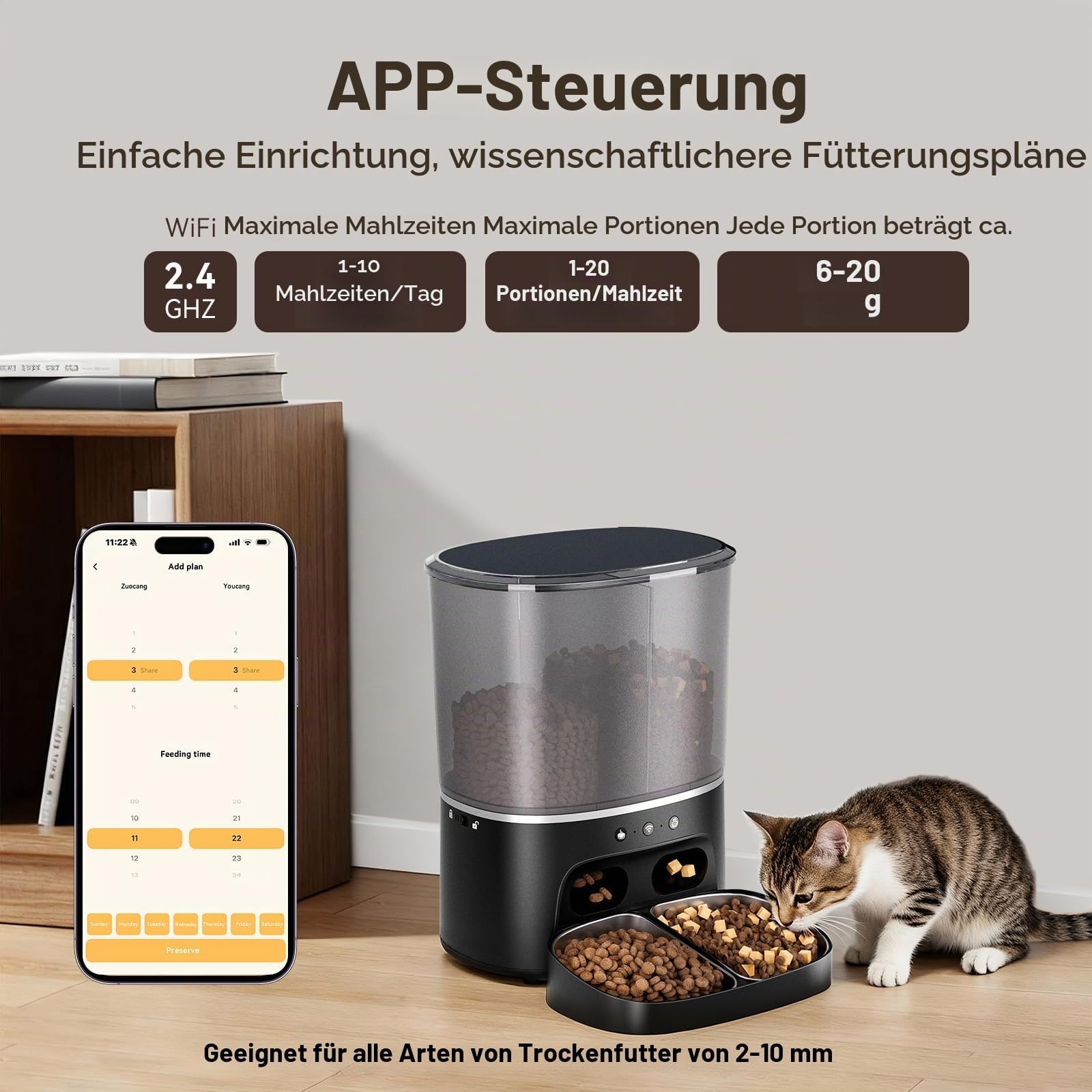 Futterautomat Katze, 2 Näpfe automat Katzenfutter mit APP