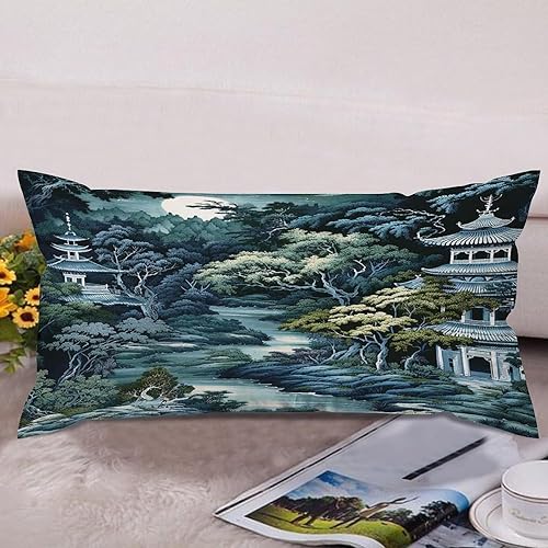 Miniatura 4 de Rebbygena Chinoiserie - Fundas de almohada de porcelana azul y blanca con patrón de edificios de estilo chino de 12 x 24 pulgadas, fundas de cojín