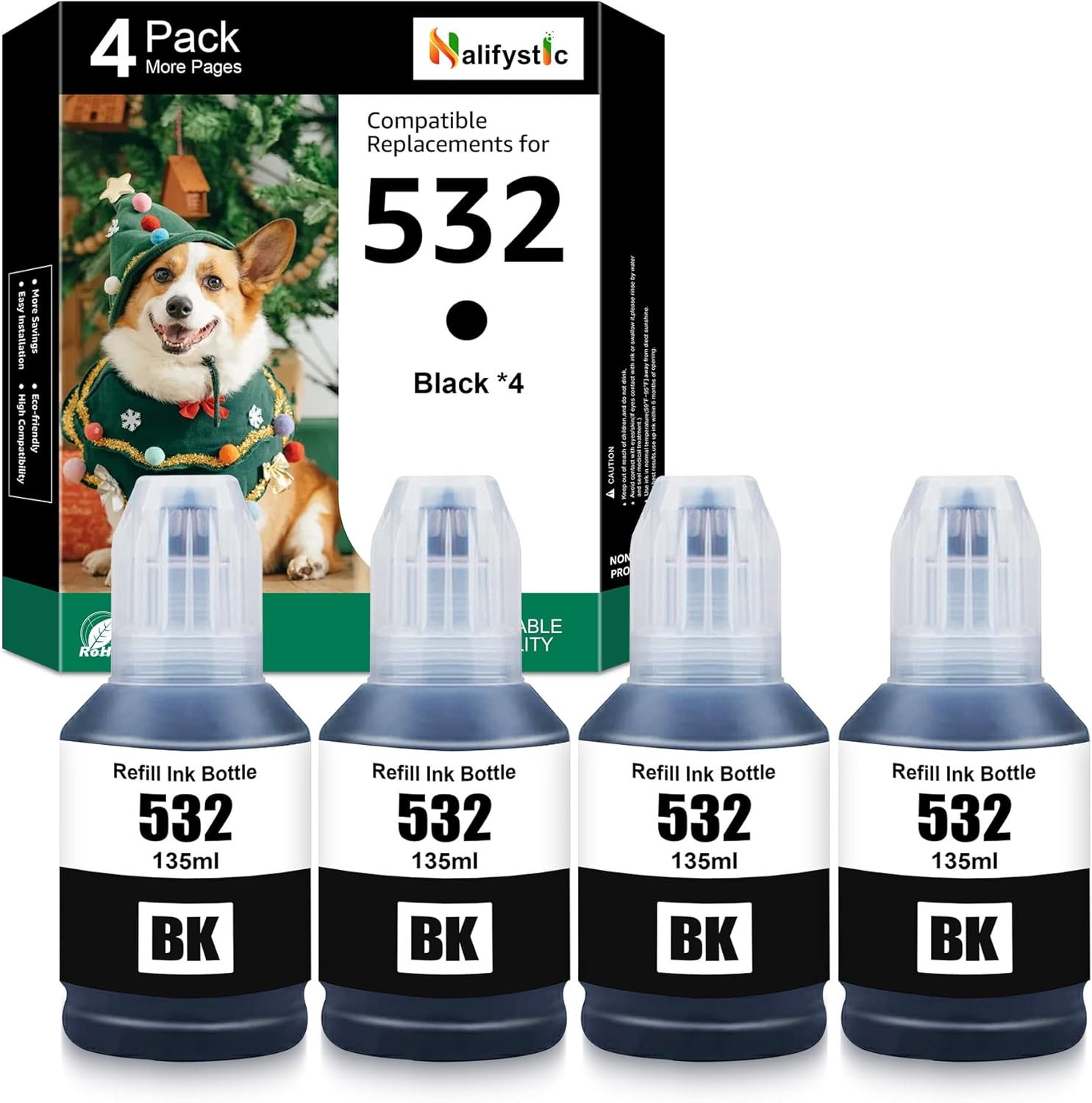 Compatible 532 T532 Ink Refill Bottles Replacement for T532 Ink Bottles Compatible for ‎ET-M1100 ET-M1120 ET-M1170 ET-M2170 ET-M3170 ET-M3180 Printers (127ML, 4 Black)