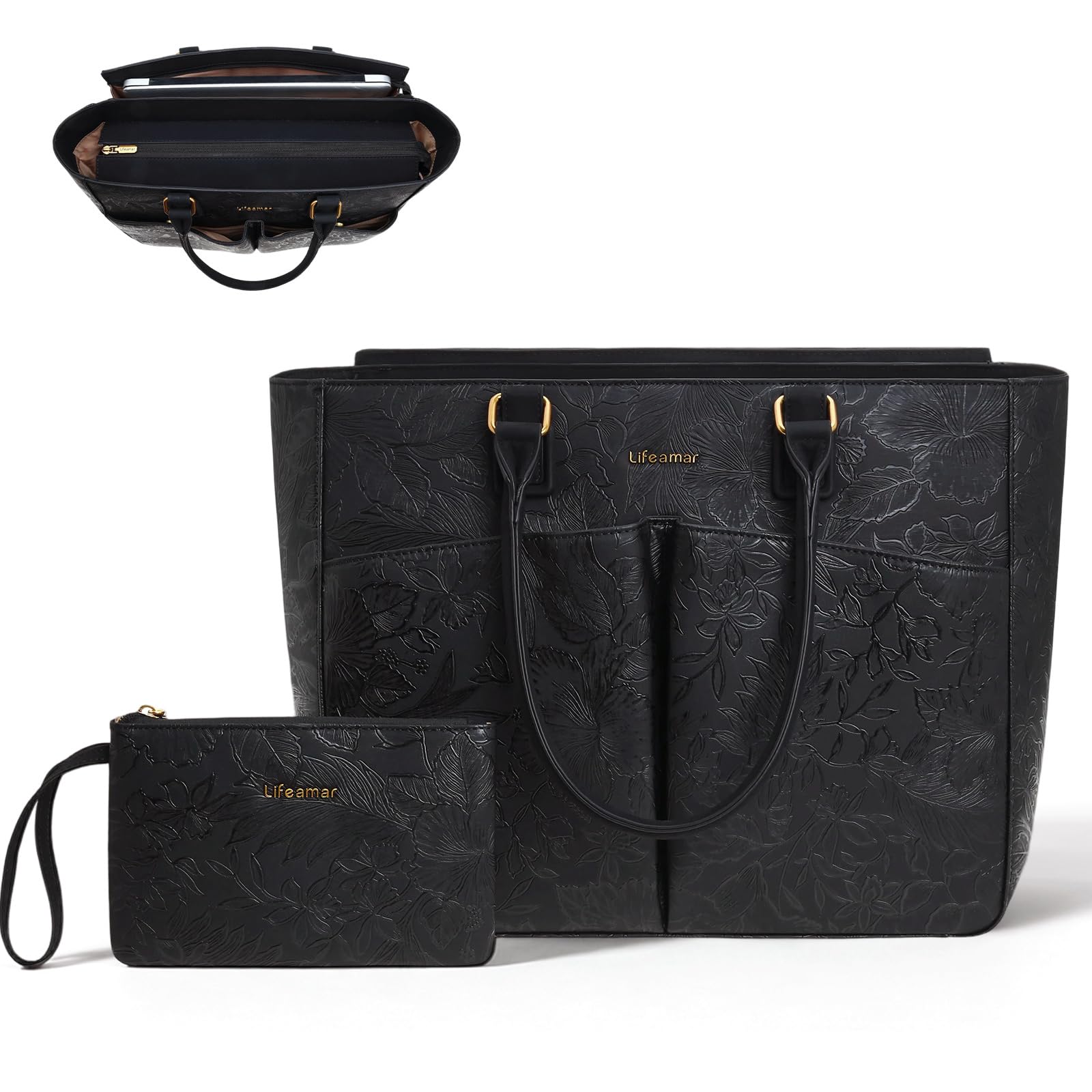 Laptop Tote Bag for Women, Leather Work Tote with Padded Laptop Compartment, Cup Holder, Office Computer Briefcase
