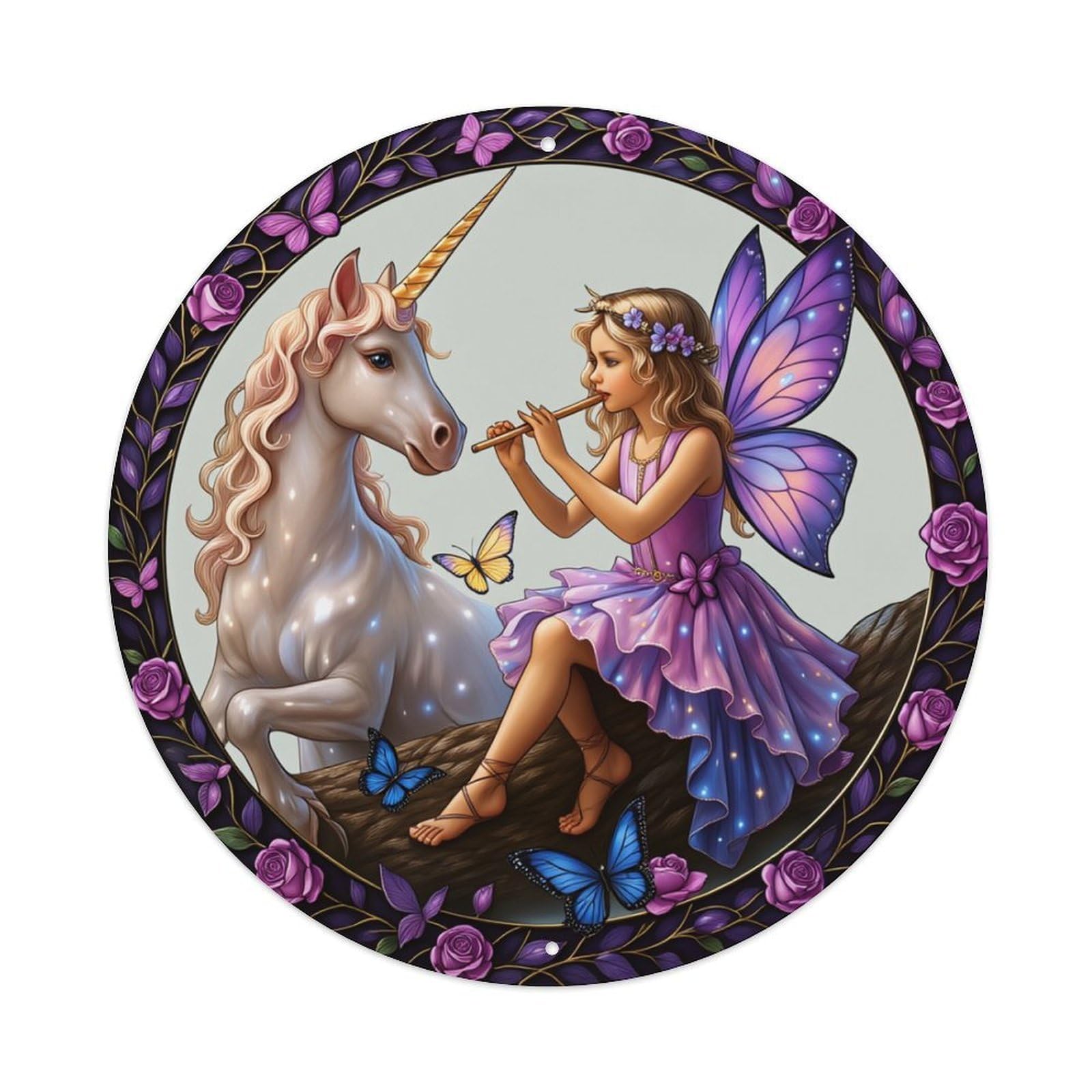 Fairy Unicorn Butterflies Roses Wings Round Tin Sign Retro Metal Sign for Cafe Bar Pub Home Game Room Gym Club Wall Decoration Vintage Metal Poster 8x8 Inch