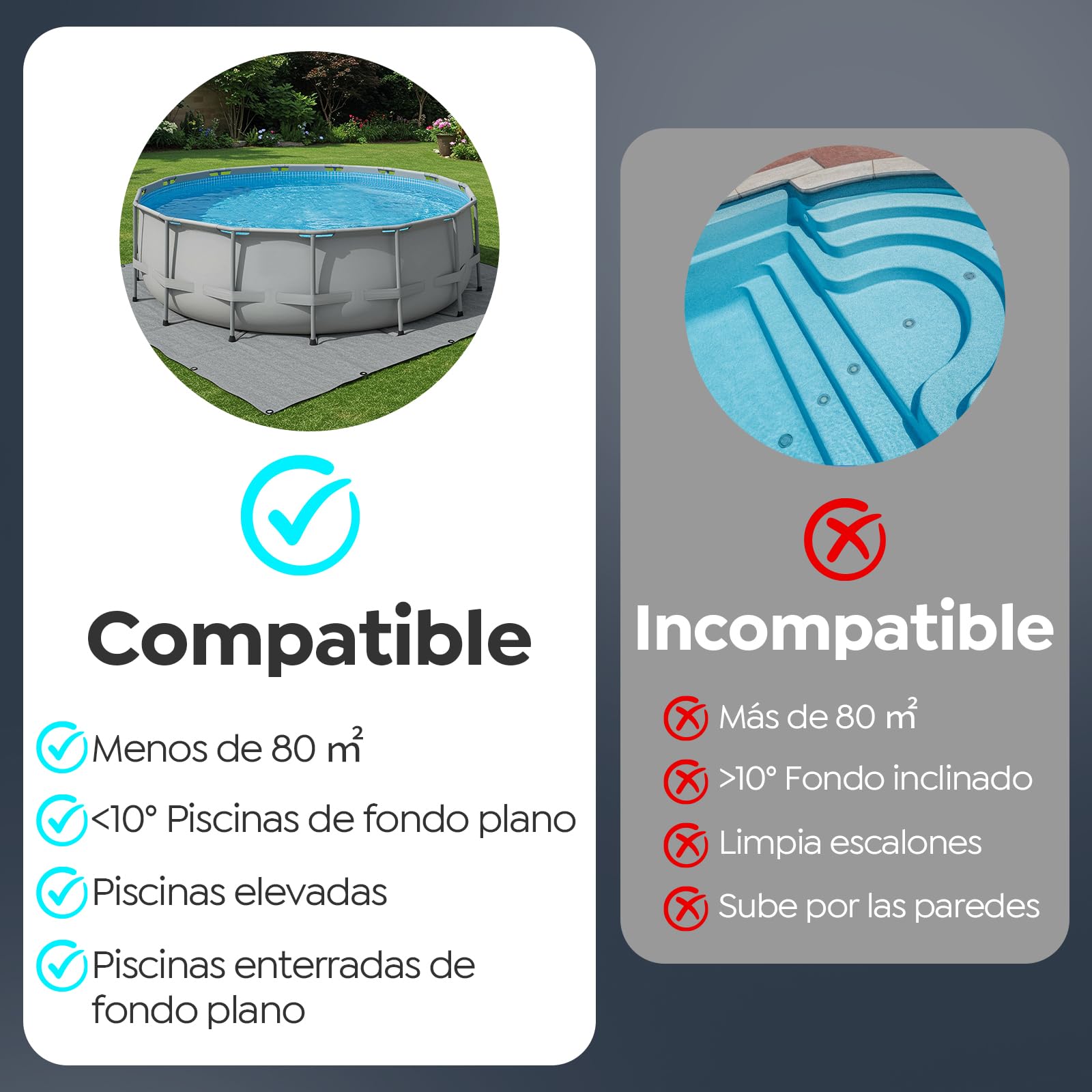 Robot Limpiafondos Piscina, Limpieza Potente de 130 Minutos, Carga Rápida en 2,5 Horas, Motor de Doble Tracción, Ideal para Piscinas de Fondo Plano de hasta 80 m²(Gris)