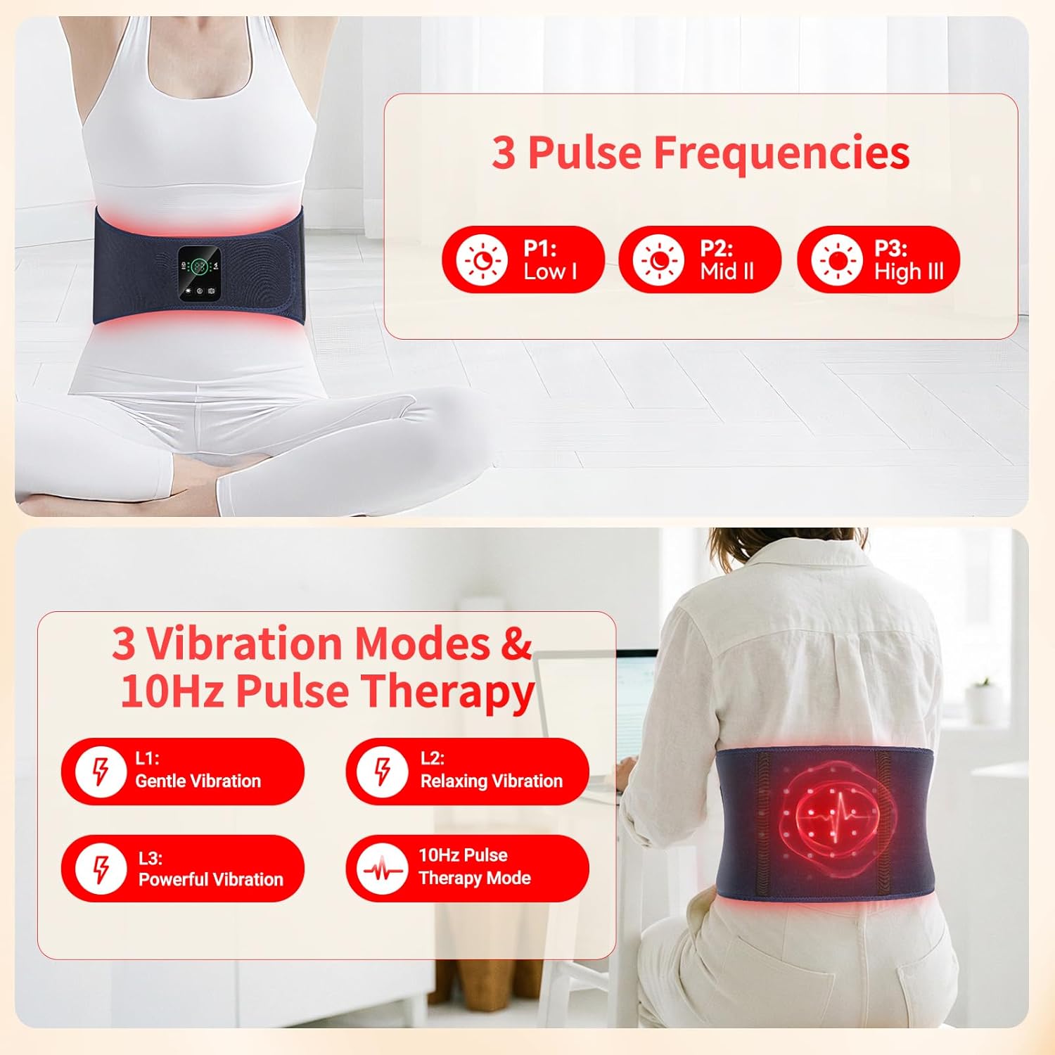 Red Light Therapy Belt for Back Pain Relief, 5000mAh Cordless Infrared Waist Wrap with Pulse/3-Mode Red Light & Vibration Massage, Muscle Relaxation & Post-Workout Recovery