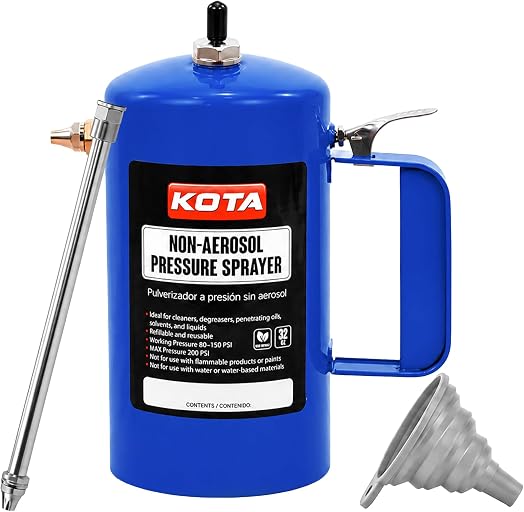 LAUCO Non Aerosol Pressure Sprayer - Refillable Pressurized Sprayer Bottle for Oil, Solvent, Degreasers, Lubricants - Rechargeable Steel Canister with Brass Nozzles, 32oz. (1, Blue) 69533
