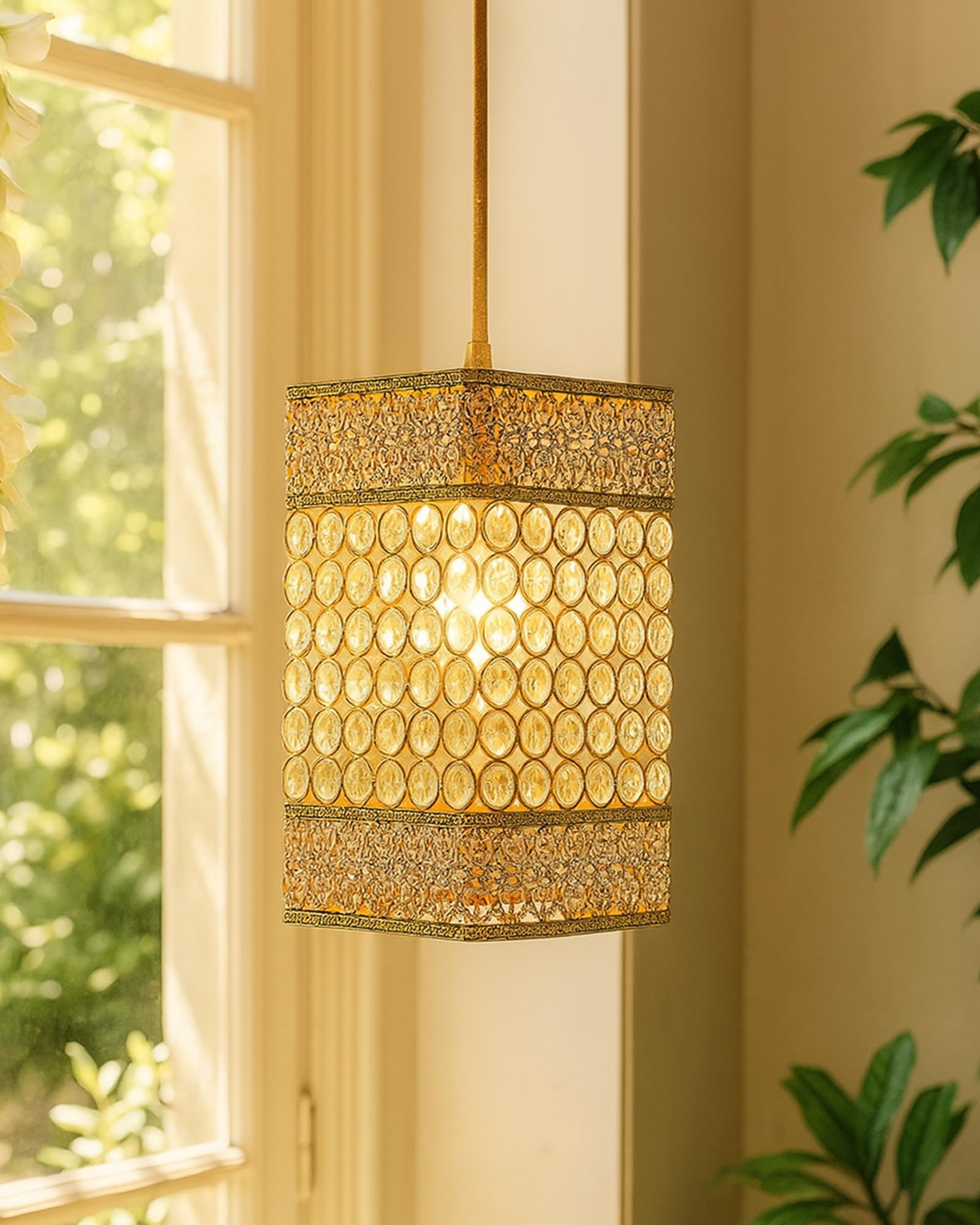 Homesake Crystal Beaded Pendant Light - Antique Gold Finish, Boho Style, Modern Ceiling Lamp for Living Room, Bedroom, Dining Room, Elegant Lighting Fixture, Home Dรฉcor(Gold)