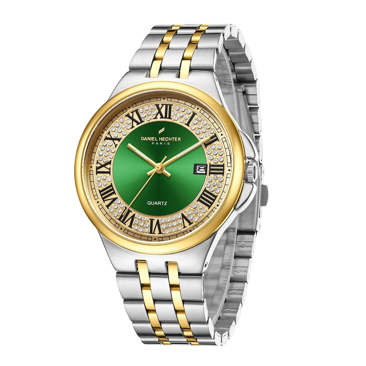 Daniel Hechter Paris Louise Collection Analog Watch for Men with Round Sunray Dial, Crystal Accents, Roman Numerals, Date Display & Stainless Steel Strap Daniel Hechter Paris Louise Collection Analog Watch for Men with Round Sunray Dial, Crystal Accents, Roman Numerals, Date Display & Stainless Steel Strap