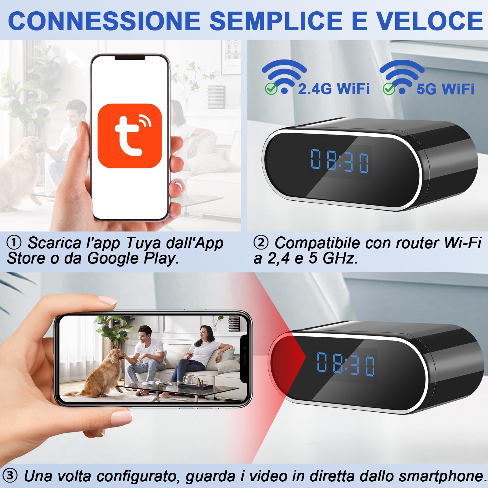 Telecamera Spia WiFi 5G, Mini Telecamera Nascosta WiFi, Telecamera Spia | Telecamera Nascosta 2 in 1 con Orologio, WiFi 2,4 e 5G, Visualizzazione Tramite APP per la Sicurezza Domestica