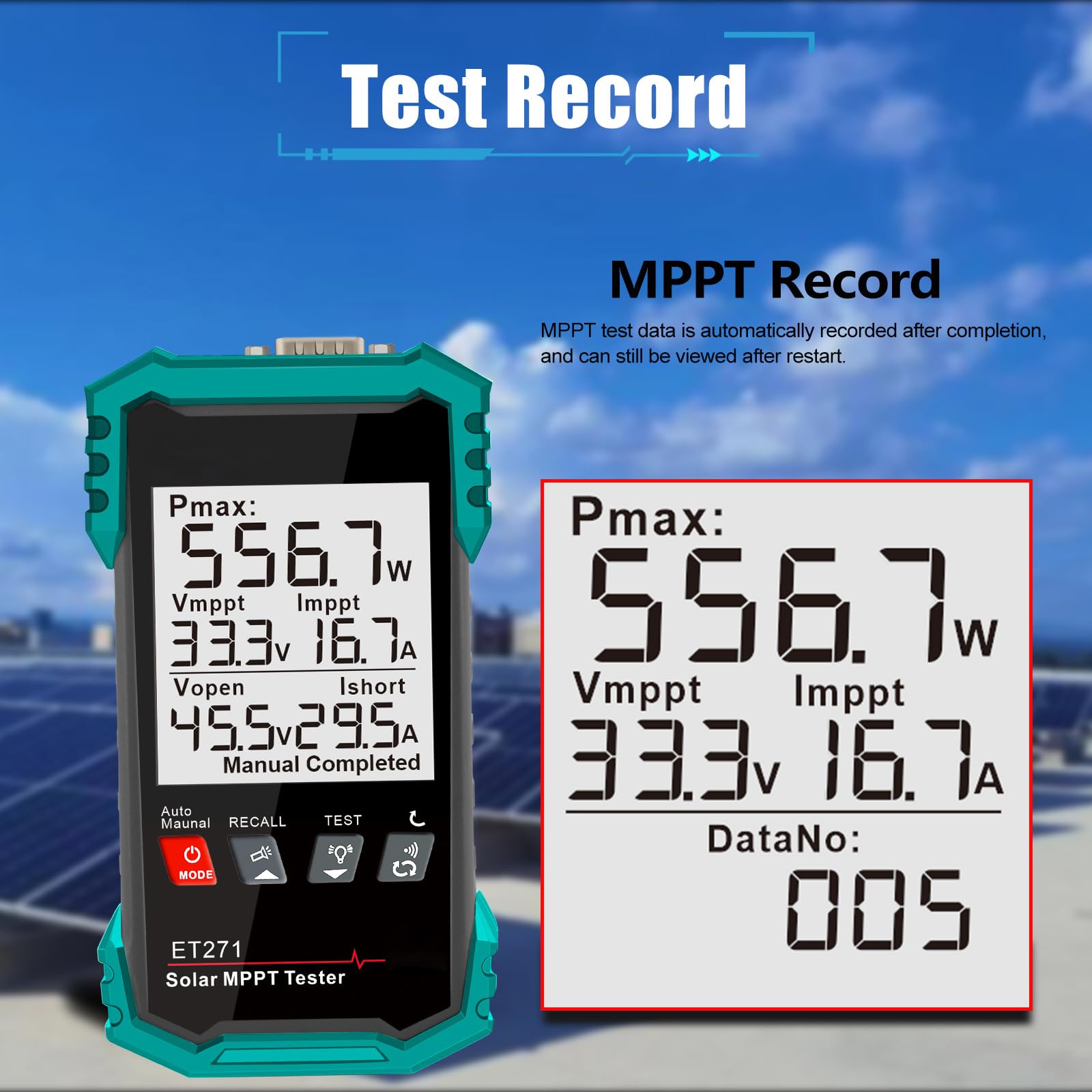 Tester paneli słonecznych, pomiar mocy 1600 W, narzędzie do analizy MPPT z funkcją przechowywania danych, wielofunkcyjny tester paneli słonecznych, multimetr fotowoltaiczny