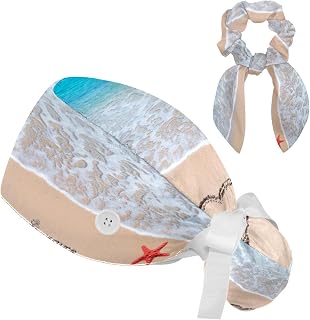 FVQL 2 Pieces Surgical Cap for Long Hair Scrub Cap with Hairband Nurse Cap, Love and Beach Sand
