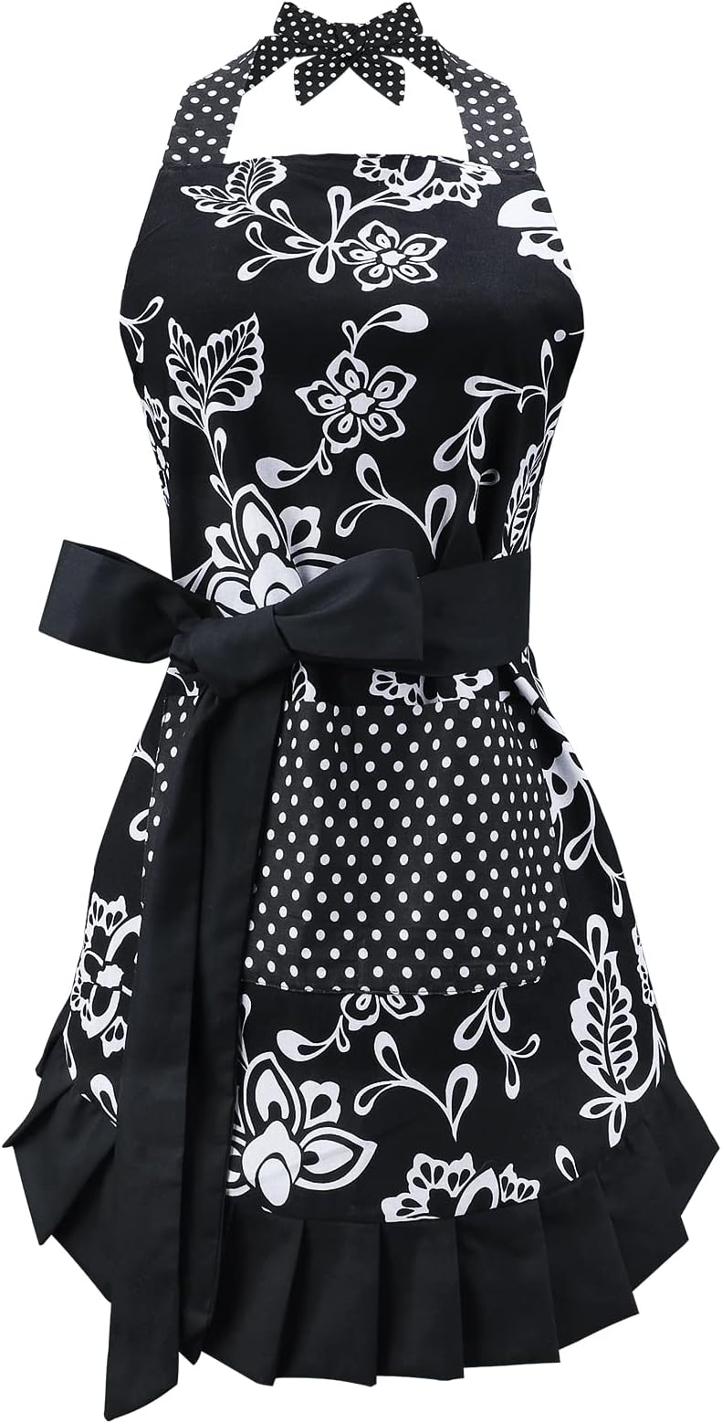 Black : Apron for Women with Pockets, Extra Long Ties, G2PLUS® Floral Apron, Perfect for Kitchen Cooking, Baking and Gardening, 29 x 21 - inch (Black)