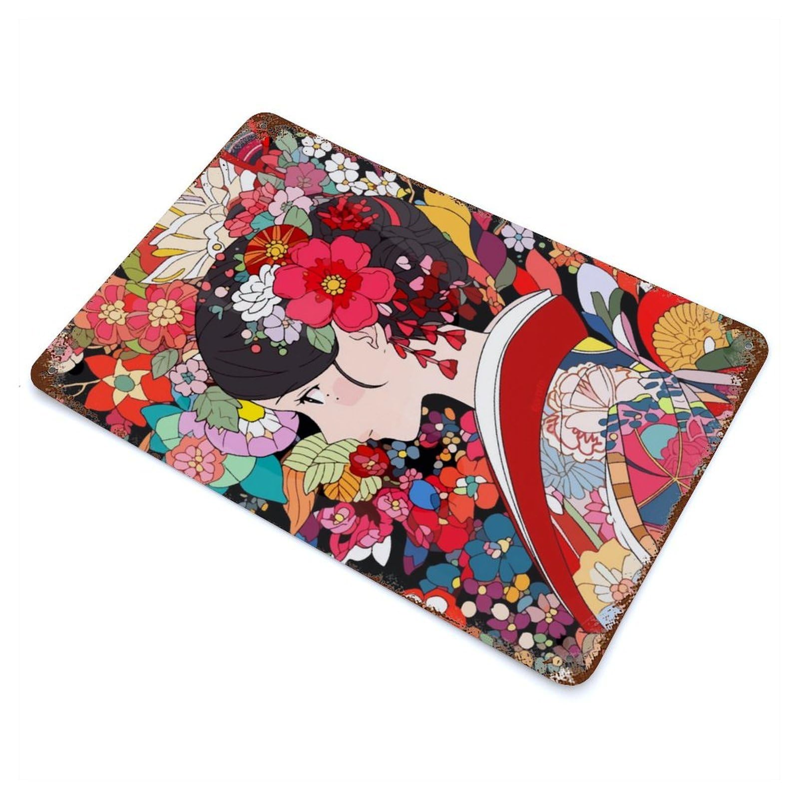 Flowers Kimono Girl Art Vintage Rust Metal Sign 11.8"x7.9", for Basement, Hobby Room And Garage Decor, Farmhouse Wall Decor