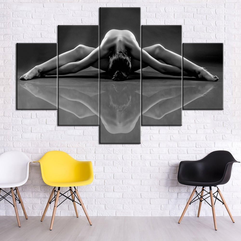 House Decorations Living Room Sexy Nude Woman Painting for Men/Women 5 Piece Canvas Wall Art Black and White Naked Girl Pictures,Modern Artwork Framed Ready to Hang Posters and Prints(60''Wx40''H)