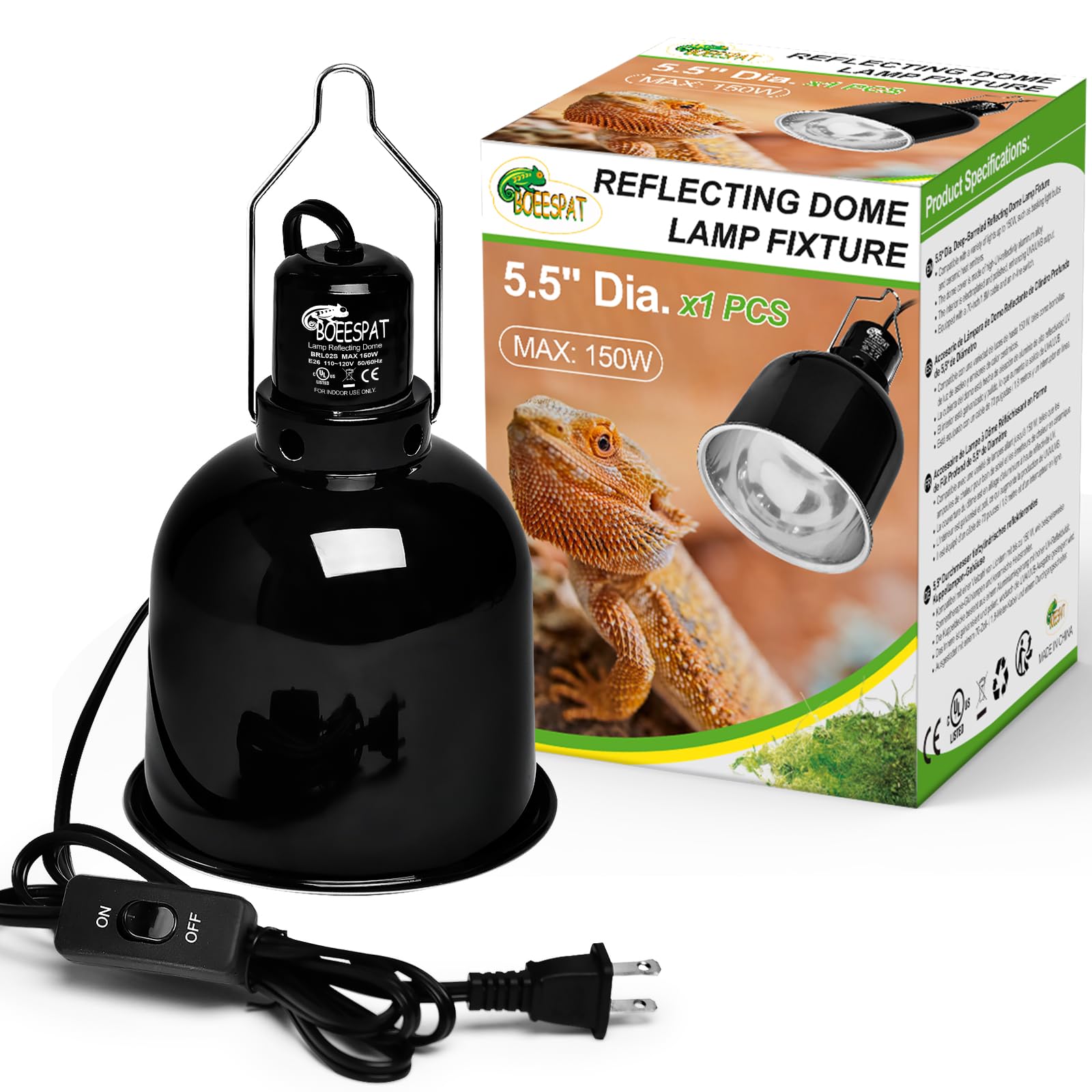 BOEESPAT Reptile Light Fixture 5.5 inch Deep Dome with Switch, Optical Reflecting Cover for UVB/UVA Basking Bulbs & Ceramic Heat Emitters