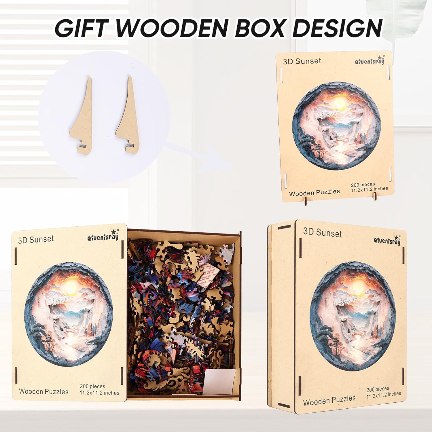 Qiuenisray 3D Vision Effect Sunset Wooden Puzzle 200 Piece, Mountains Rivers Bright Jigsaw Puzzle, FSC Certified Wood Puzzle, Beautiful Wall Decor, Creative Gift Family Game 11.2x11.2 in