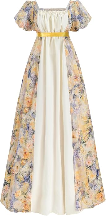 Regency Dress Women Regency Costume Empire Waist Tea Party Victorian Gown with Sash Yellow Floral XXL