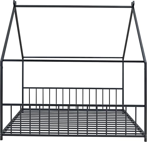 Miniatura 56 de Favfurish Cama de plataforma de casa de tamaño individual con cabecero y estribo, diseño de techo, cama de madera con forma de casa para niños y