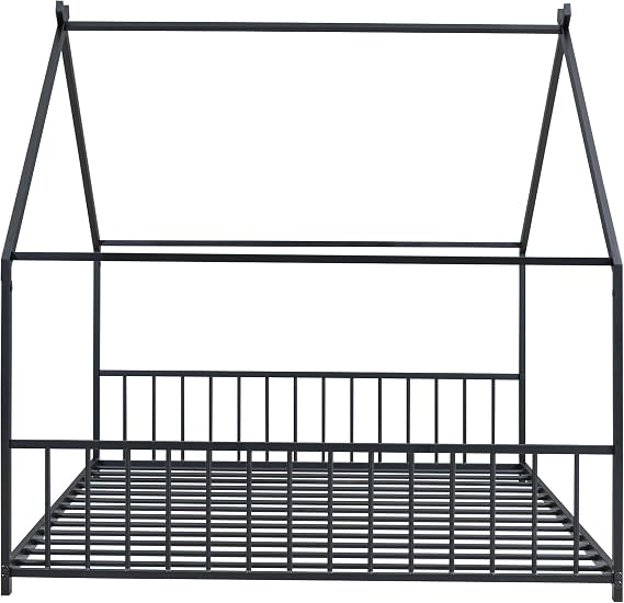 Harper & Bright Designs Full Size Floor Bed Frame with Roof, Metal Montessori Bed with Headboard and Footboard, Playhouse Bed Frame for Boys,Girls, Easy Assembly, No Box Spring Needed (Black)
