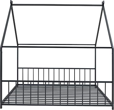 Harper & Bright Designs Full Size Floor Bed Frame with Roof, Metal Montessori Bed with Headboard and Footboard, Playhouse Bed Frame for Boys,Girls, Easy Assembly, No Box Spring Needed (Black)