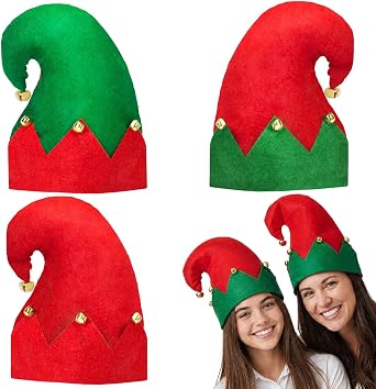 MCPINKY 3PCS Christmas Elf Hats, Elf Felt Hat with Jingle Bells | Novelty Funny Christmas Hat for Adults Holiday Party Costume Photos Props