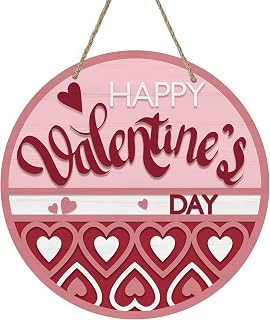 Deroro Happy Valentine's Day Sign for Front Door Decor, Red Pink Love Hearts Wood Door Hanger for Outdoor Outside Porch, Anniversary Wedding Wooden Wreath Indoor Wall Hanging Decoration
