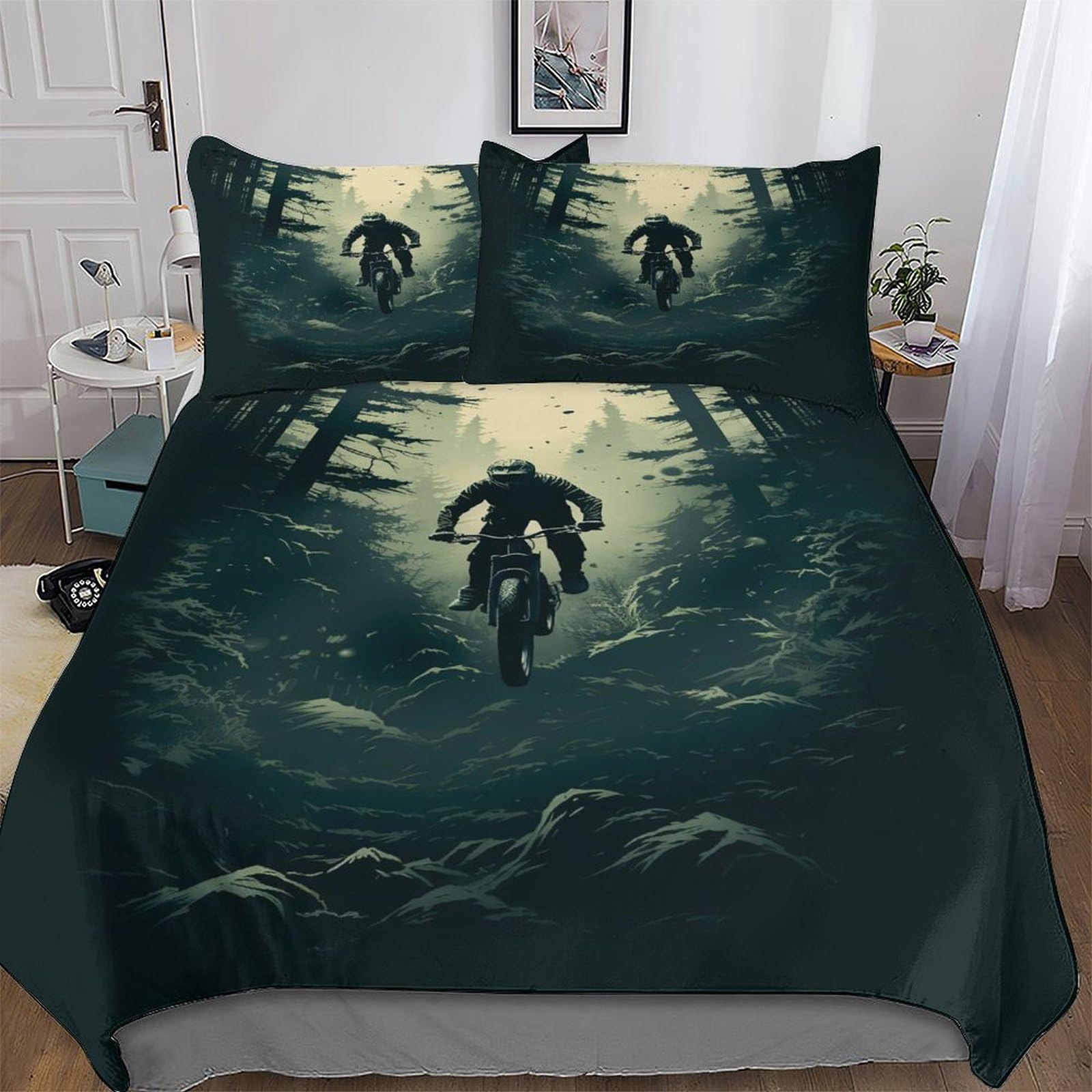 Mountain Bike Microfiber Duvet Cover Set 3 Pcs Polyester-Cotton Quilt Cover Bedding Set With Pillow Cases Machine Washable Anti Allergic Comforter Cover For Boys Girls King (220x240cm)