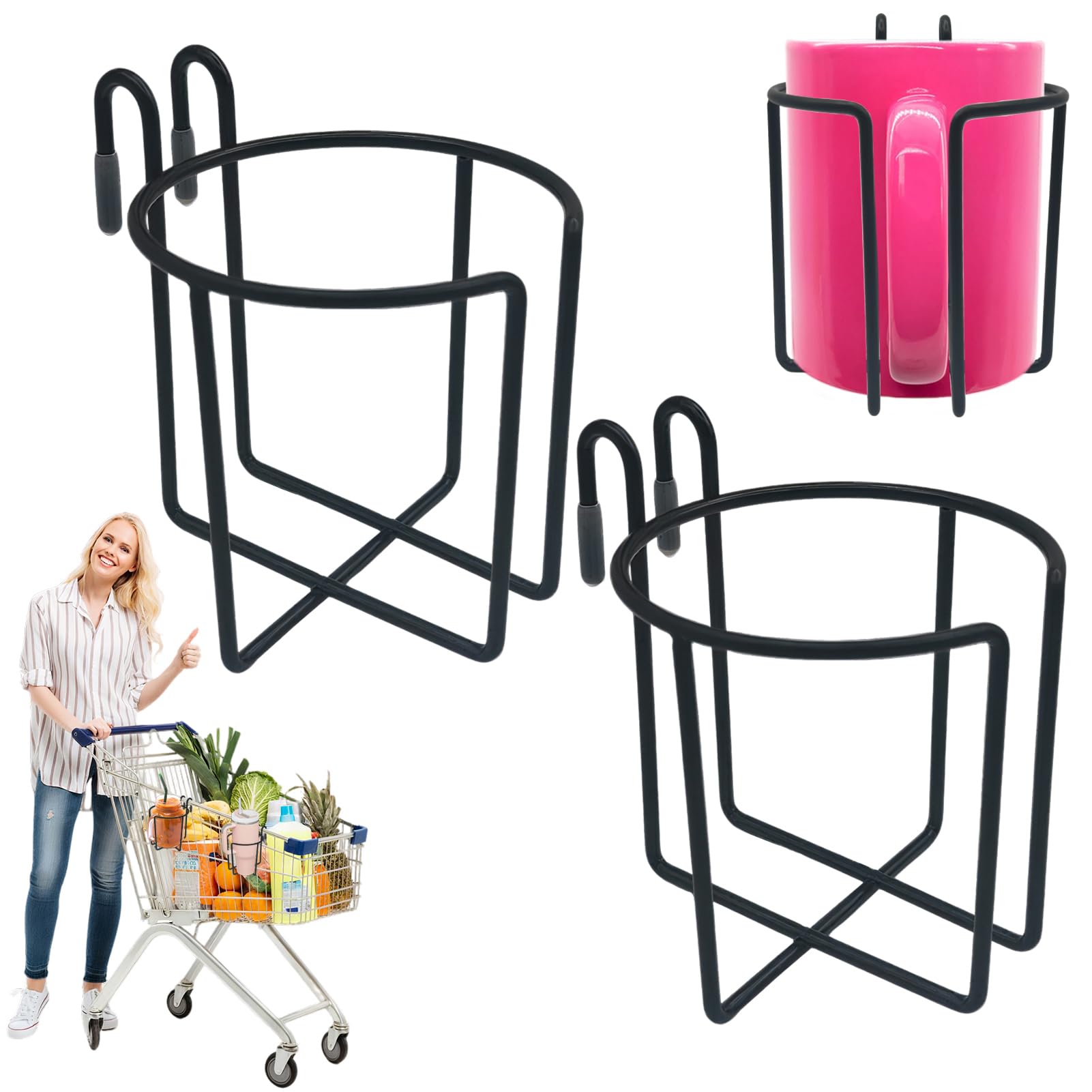 Reusable Shopping Cart Cup Holder, 2 Pcs Metal Hanging Drink Holder with Bottom Bar Grocery Carts Coffee Cup Holder Hanging Stanley Cup Drink Bottle