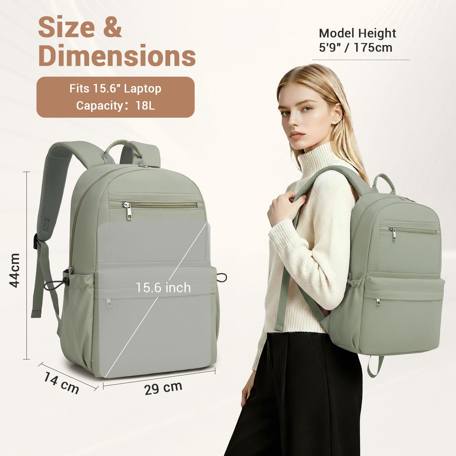 KONO Zaino Donna Porta PC 15,6 Pollici Leggero Impermeabile, Zaino Scuola e Università, Casual da Viaggio e Lavoro - Verde