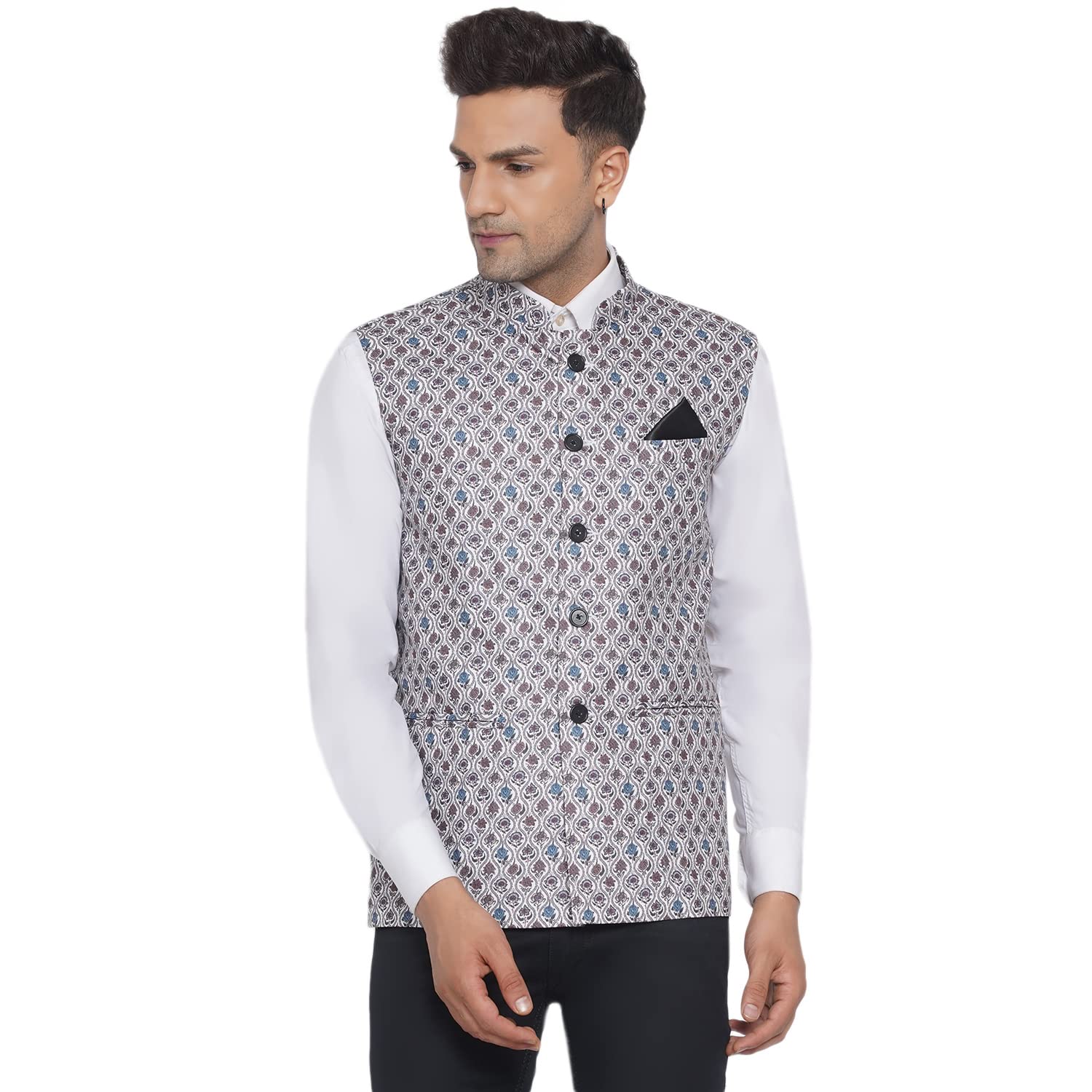 veera paridhaan Men's Cotton Printed Nehru Jacket (White)-picture-43