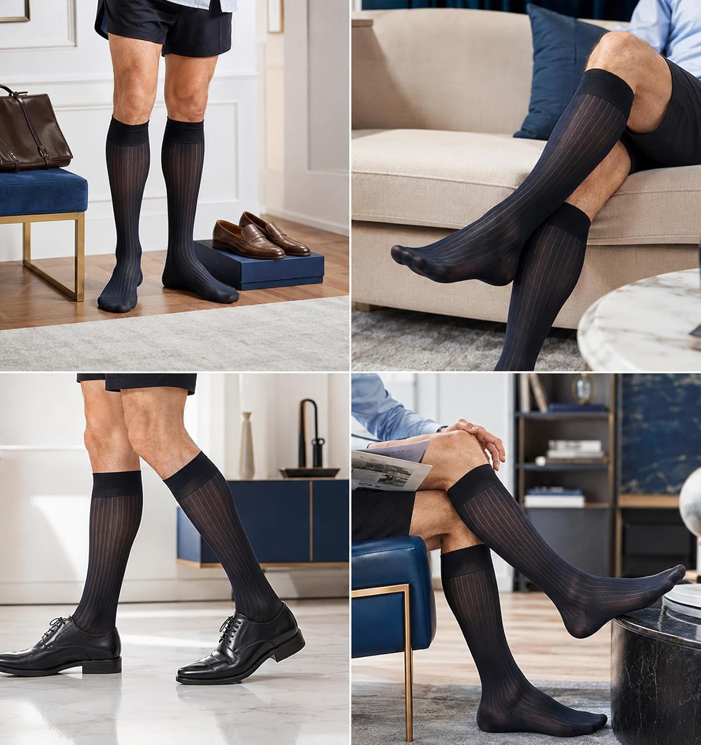 3 Pair Thin Dress Socks Men, Silk Stockings For Dress Shoes (Black, Blue)