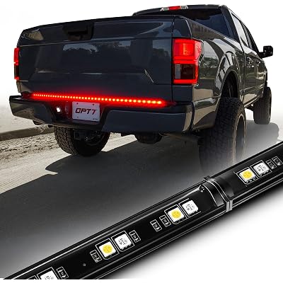 OPT7 Redline Parlux 48" Aluminum Truck Tailgate Light Bar w/Flash Red Turn - Rigid 2-Section Single Row LED Strip, Dynamic Taillight w/White Reverse, Red Running - Fits Tacoma Colorado Frontier Canyon