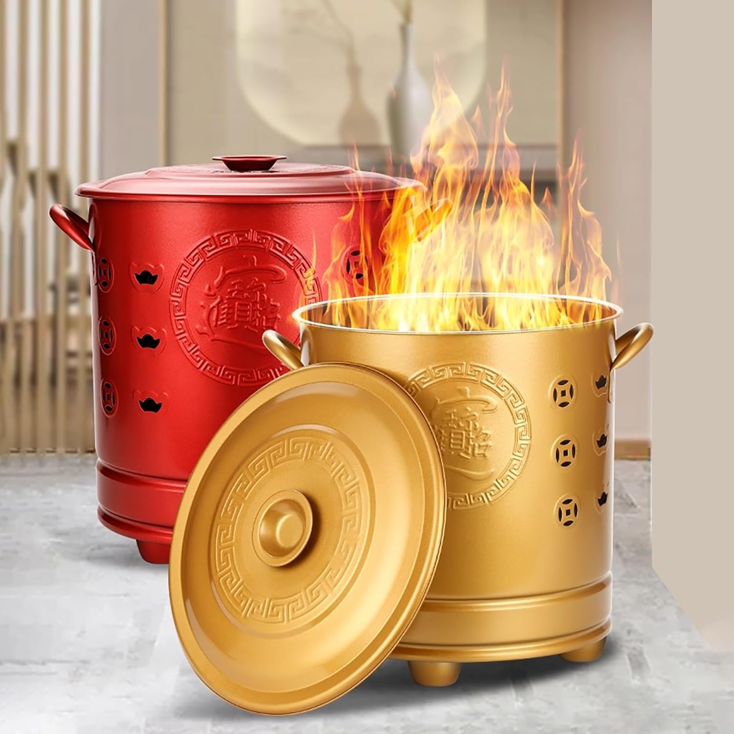 Paper Burn Barrel, Heat Resistant Metal Burn Barrel with Lid and Handle, Garden Waste Burner for Outside Paper Leaves Waste Trash Wood(Gold,26cm)