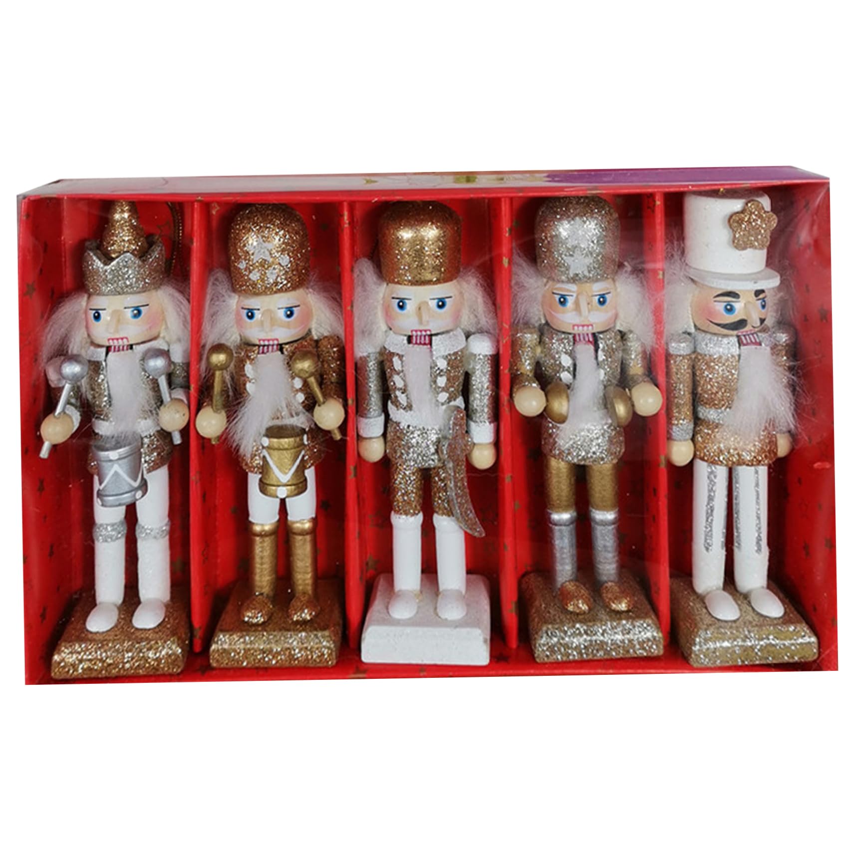Grsrkep Nutcracker Christmas Decor 5Pcs/Set 2023 King ＆ Soldier Nutcracker Figures 4.7Inch Tall Mini Wooden Ornaments for Xmas Tree Table Decor