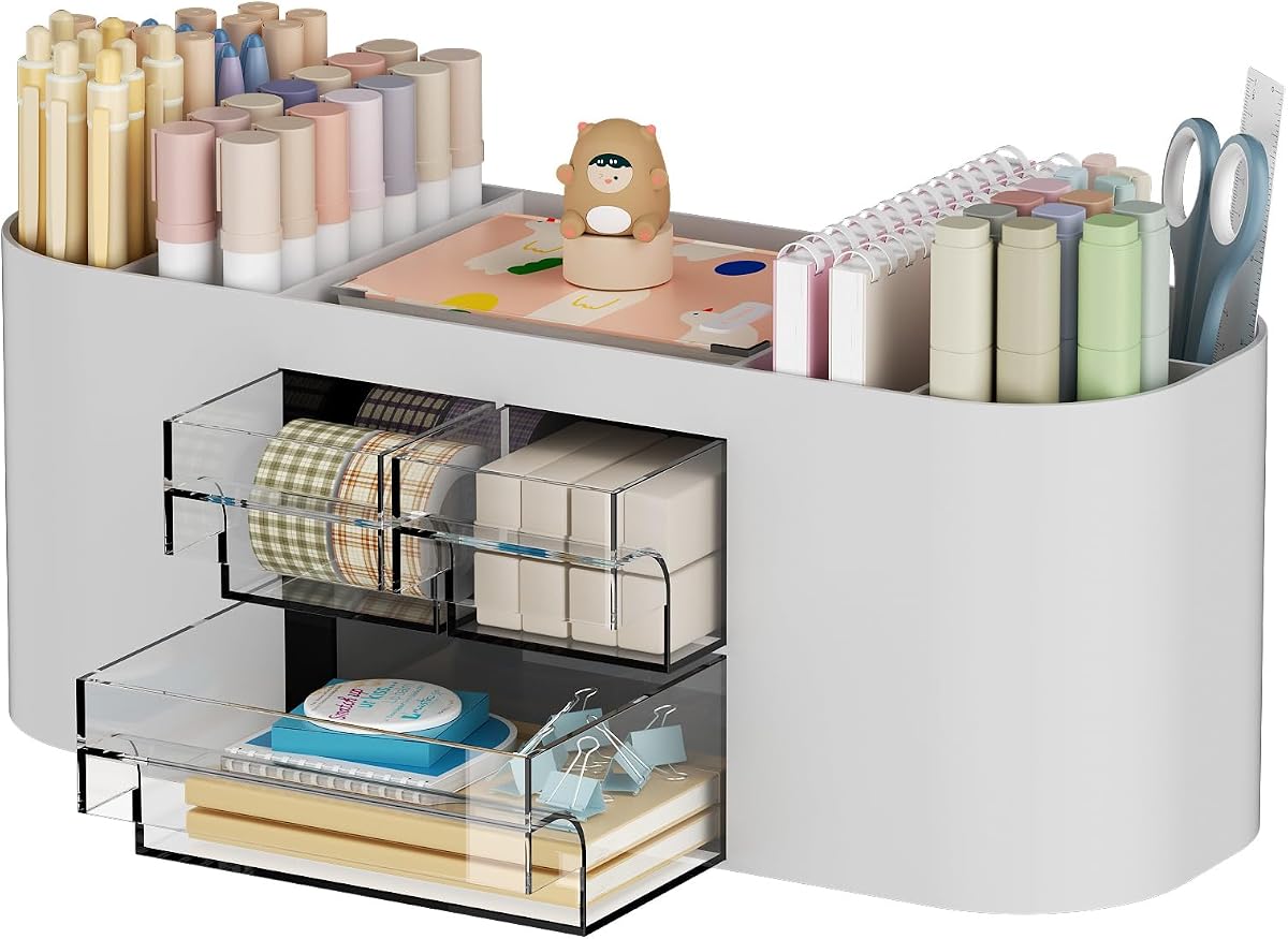 Organizador de escritorio portalápices para escritorio con 3 cajones, portalápices multifuncional, organizadores de escritorio y accesorios con 7 compartimentos para el hogar, la escuela, el aula (gris)