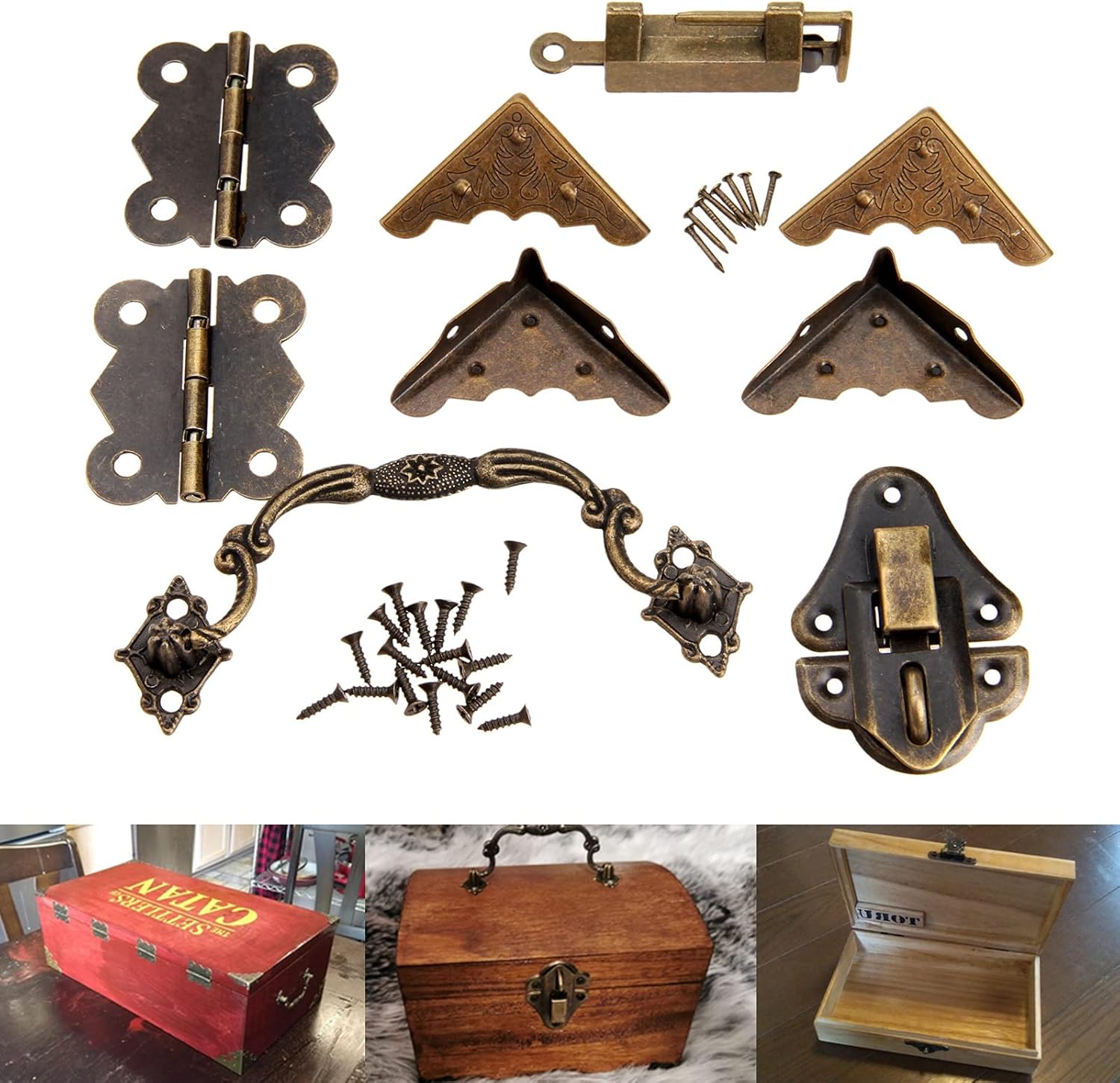 dophee Retro Decorative Lock, Latch Hasps, Pulls Handles, Hinges and Box Corner Protectors Hardware Kit for Jewelry Box Treasure Chest Wooden Box Handcrafts DIY Projects