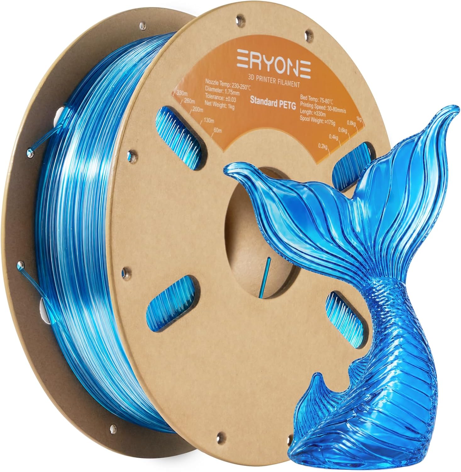 ERYONE PETG Filament 1.75mm +/- 0.03mm, Clear Transparent PETG 3D Printing Filament, High Speed 30-500mm/s, 1kg (2.2LBS) / Spool, Transparent Blue