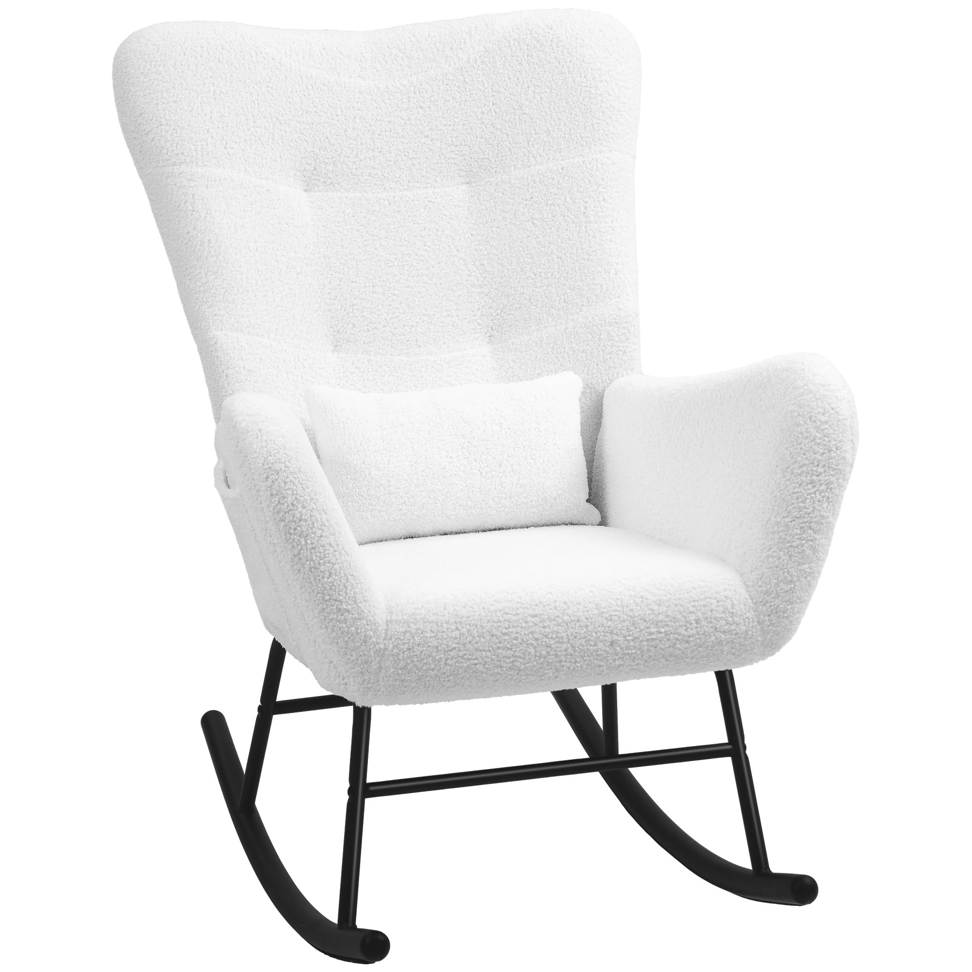 HOMCOM Schaukelstuhl, Schaukelsessel mit Teddystoff-Optik, Armlehne, Stillsessel mit Metallkufen, Lendenkissen, Relaxsessel mit Seitentasche für Wohnzimmer, Schlafzimmer, Weiß