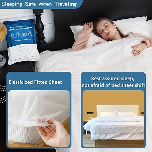 Miniatura 3 de Paquete de 2 sábanas desechables tamaño Queen, sábanas bajeras desechables con funda de edredón y funda de almohada para viajes de negocios