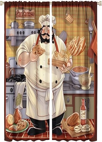 Miniatura 22 de Cortina de decoración de cocina de chef, retro gourmet de dibujos animados, chef gordo de cocina, patrón de comida gourmet, decoración del hogar,