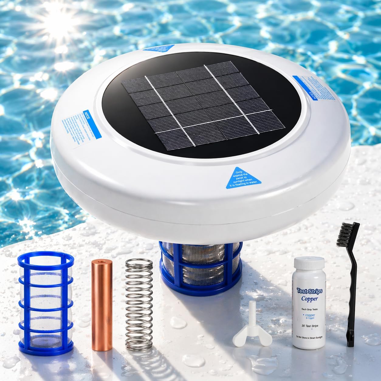 Solar Pool Ionizer for Inground & Above Ground Pools, Up to 45,000 Gallons, Floating Solar Water Clarifier, Large Solar Panel, Durable Copper Core, Easy Pool Maintenance